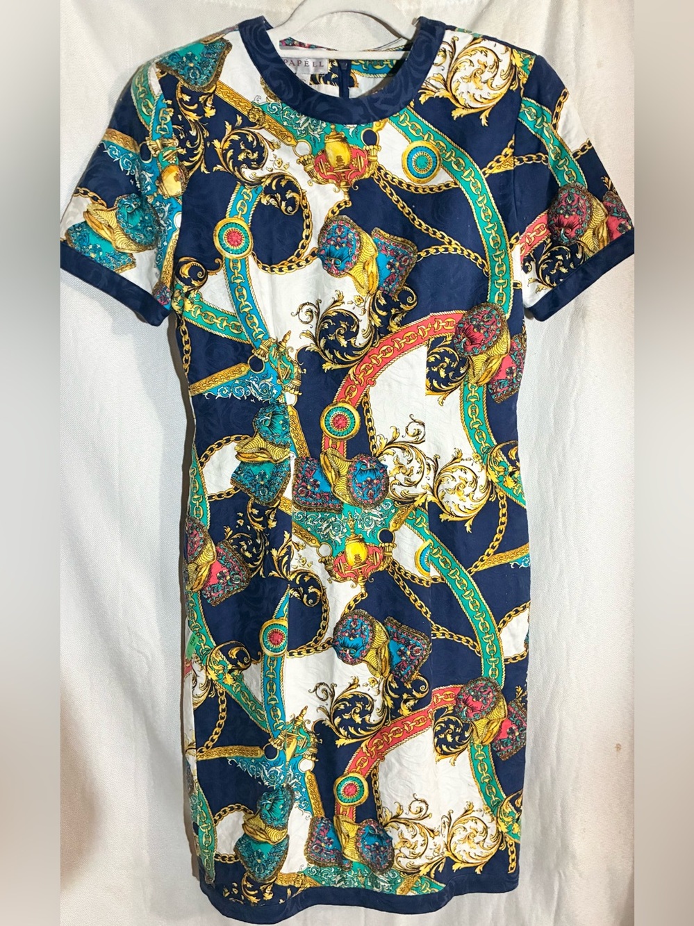Adrianna Papell Pencil Dress Sz 6 Cotton Multicolor lined shoulder pads 90s Y2K
